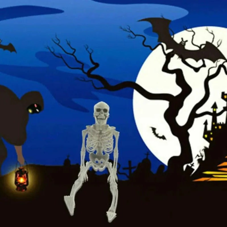 Poseable creepy skeleton decoration from Belro, ideal for Halloween home and garden spooky decor, with articulated limbs and realistic bones.