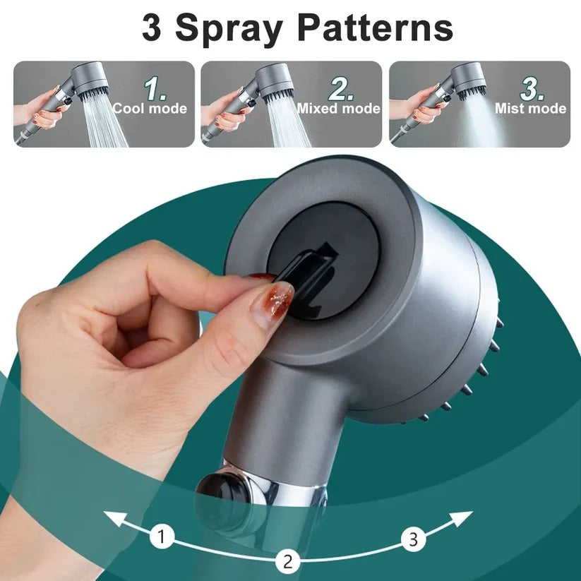 Belro high pressure showerhead with multiple spray settings, mounted on a bathroom wall with water flowing from the nozzles.