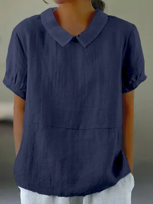 Belro women's solid color cotton and linen top with long sleeves and a relaxed fit, displayed on a hanger.