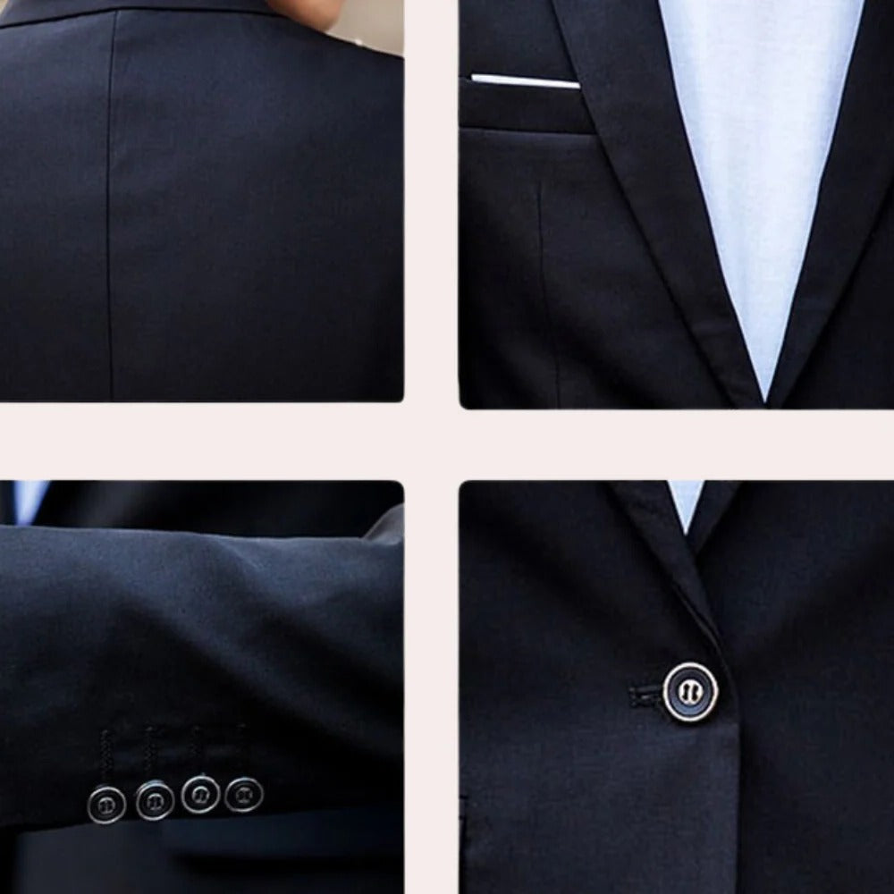 Men's Belro suit jacket in classic navy, tailored fit with lapels and buttons, showcased on a hanger.