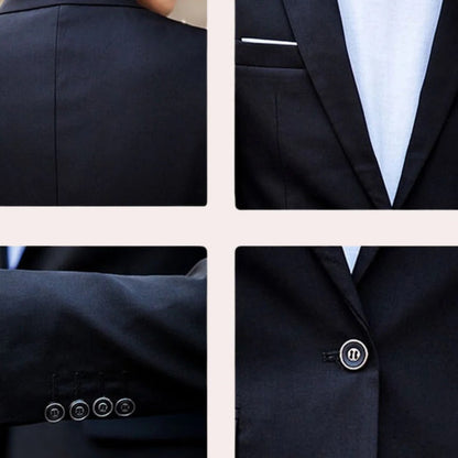 Men's Belro suit jacket in classic navy, tailored fit with lapels and buttons, showcased on a hanger.