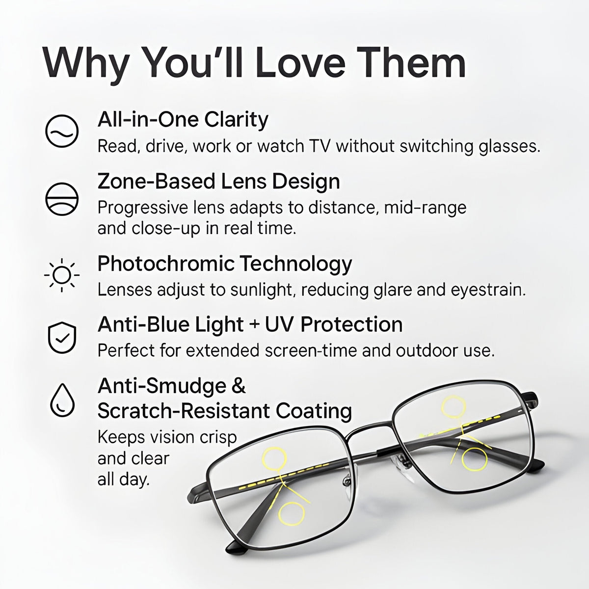 Belro progressive multifunction glasses with built-in camera lens, designed for versatile electronics and photography applications
