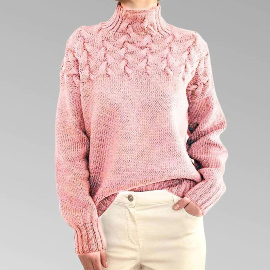 Women's Belro knitted turtleneck sweater, cozy and stylish, featuring a ribbed collar and soft knit fabric.