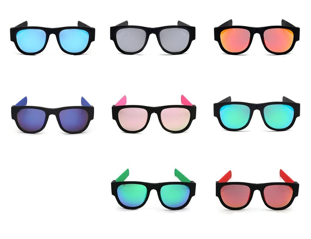 Belro folding slap sunglasses with black frames and tinted lenses, designed as portable eyewear accessory.