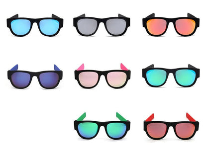 Belro folding slap sunglasses with black frames and tinted lenses, designed as portable eyewear accessory.