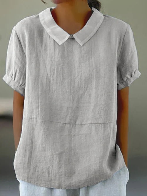 Belro solid color cotton and linen women's top, lightweight blouse with short sleeves and relaxed fit, casual summer clothing.