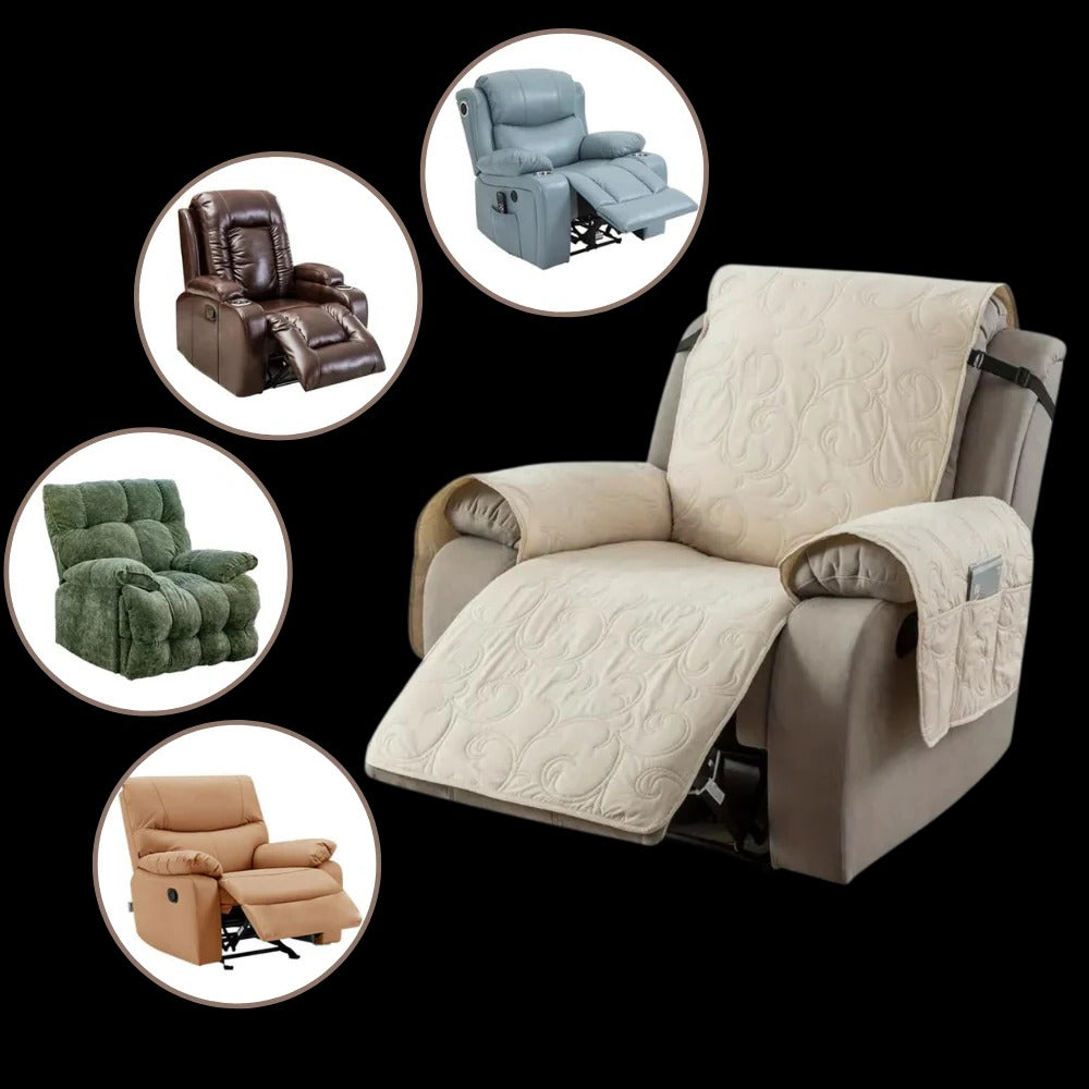 Belro waterproof recliner slipcover in neutral fabric, protecting and decorating a home recliner in a cozy living room setting.