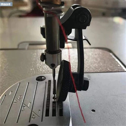 Belro Leather Roller Presser Foot for men's clothing sewing machines, showing the metal attachment on a sewing machine.