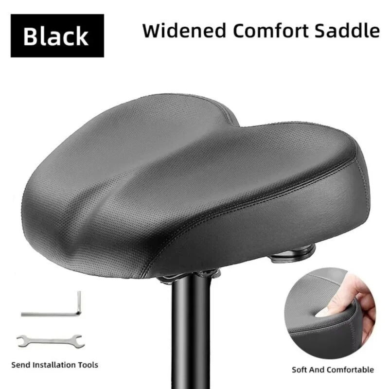 Belro wide bicycle saddle for comfortable outdoor riding, shown on a bike in a home and garden outdoor setting.