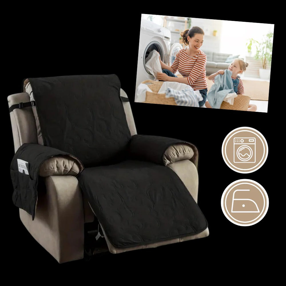 Belro waterproof recliner slipcover in neutral fabric, protecting and decorating a comfortable home recliner chair.