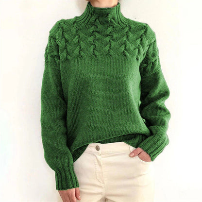 Women’s Belro knitted turtleneck sweater featuring a cozy, ribbed design in a neutral color, perfect for cold weather.