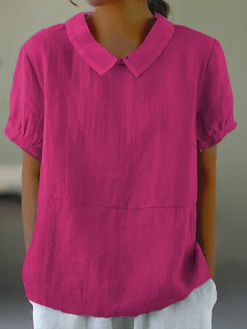 Belro solid color cotton and linen women's top, lightweight blouse with a relaxed fit, showcasing a smooth fabric texture.