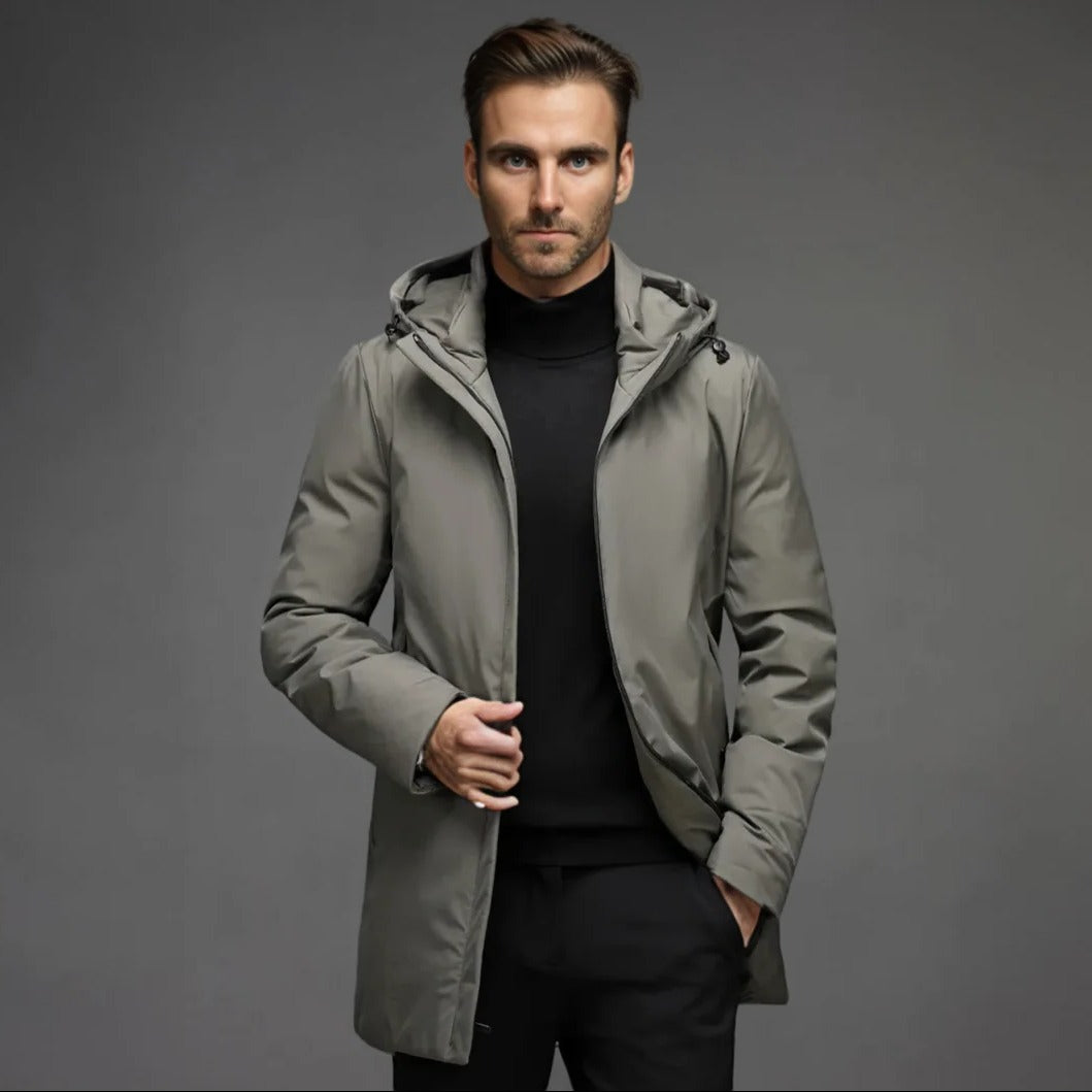 Men's Belro waterproof winter parka with lining, featuring a hood, zipper closure, and insulated design for cold weather protection.