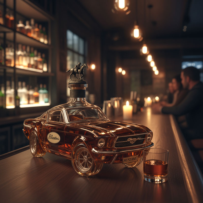 BowLift Mustang Car whiskey decanter, glass collectible home bar accessory featuring a detailed Mustang car design.
