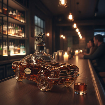 BowLift Mustang Car whiskey decanter, glass collectible home bar accessory featuring a detailed Mustang car design.