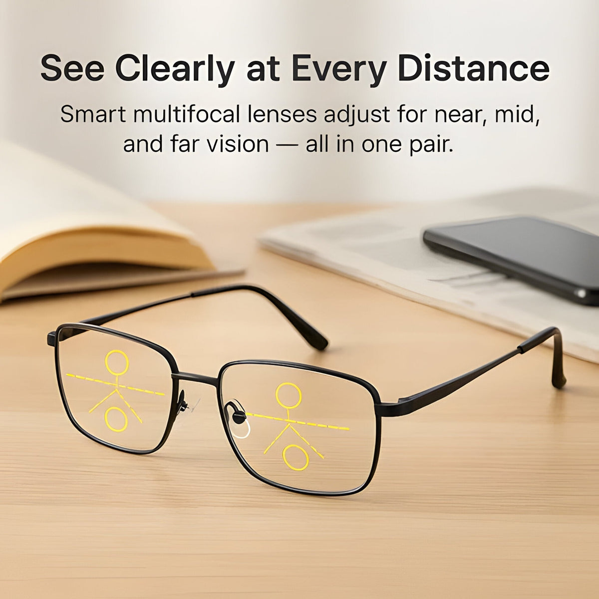 Belro progressive multifunction glasses with camera lens design, featuring a sleek frame and adjustable components for versatile use.