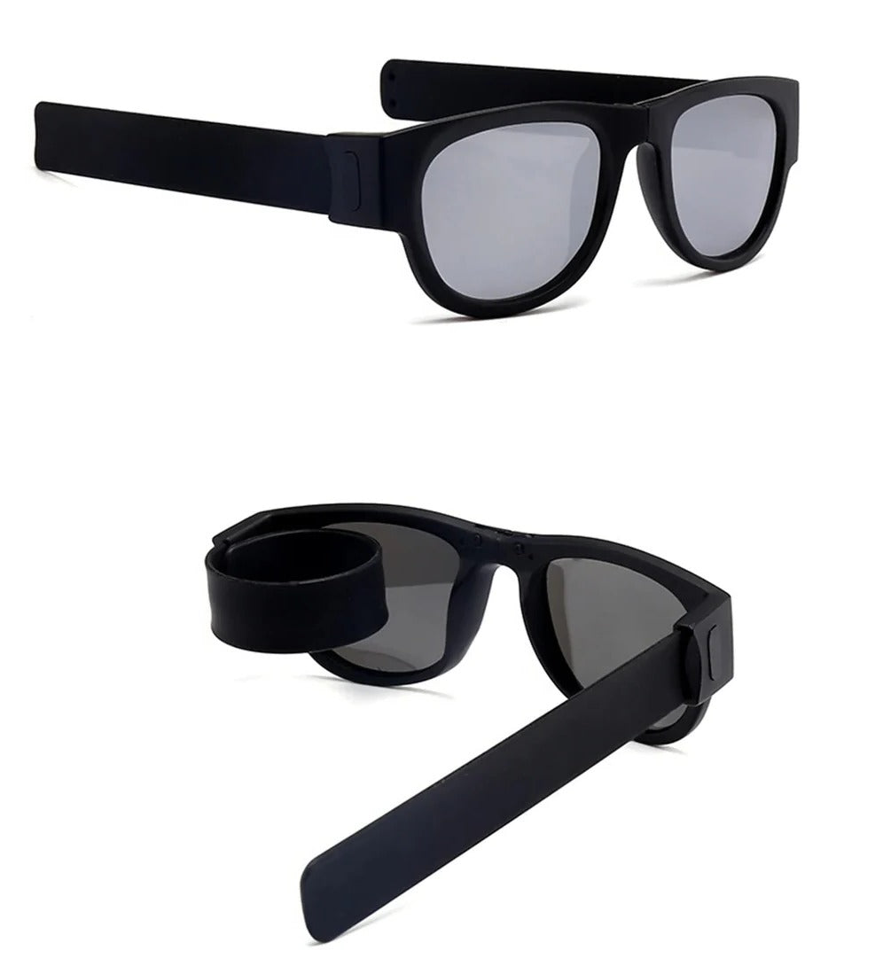 Belro folding slap sunglasses with black frames and mirrored lenses, compact and stylish eyewear accessory.