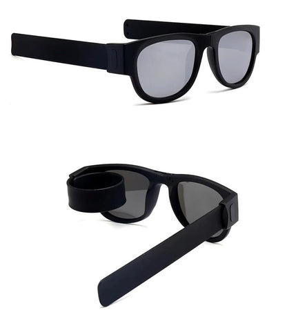 Belro folding slap sunglasses with black frames and mirrored lenses, compact and stylish eyewear accessory.