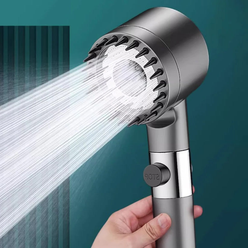 Belro high pressure showerhead mounted on bathroom wall, showcasing sleek chrome finish and multiple spray settings.