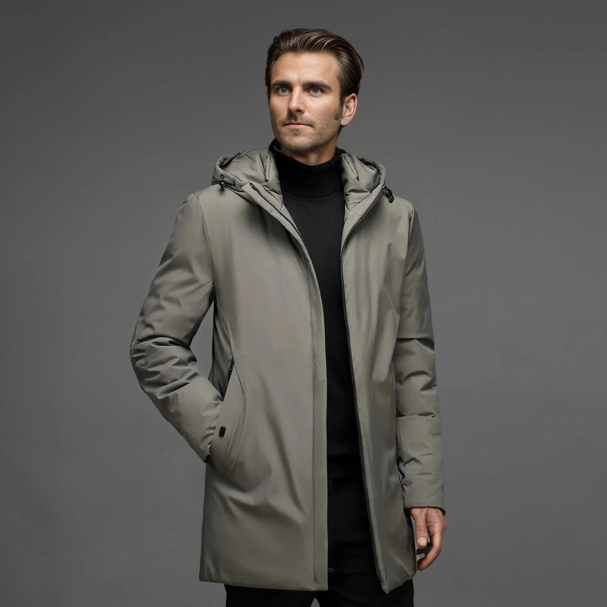 Men's Belro waterproof winter parka with a lined interior, featuring a hood and front zipper for cold weather protection.