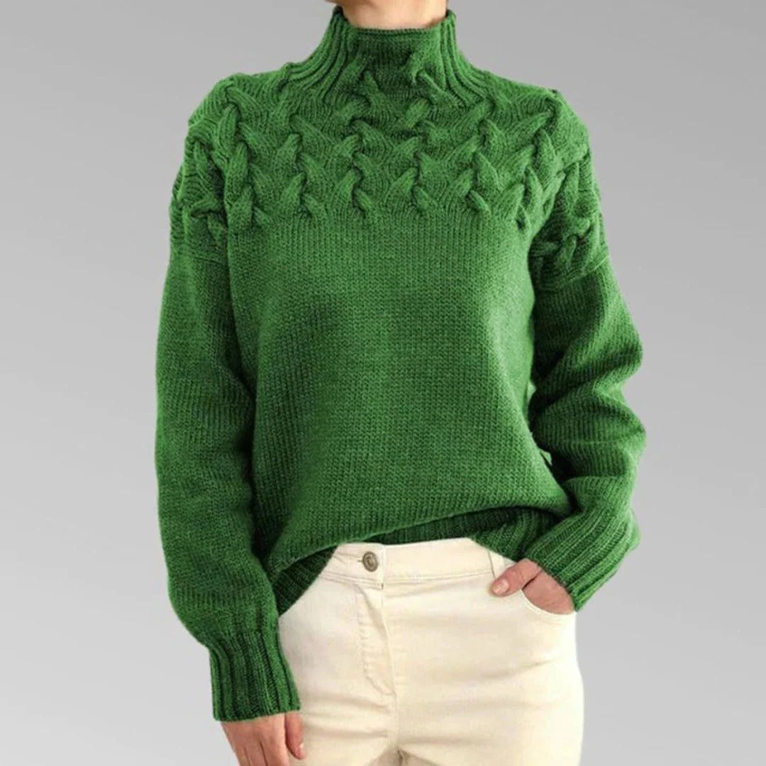 Women's Belro knitted turtleneck sweater in cream, featuring a cozy, ribbed design and long sleeves for warm winter wear