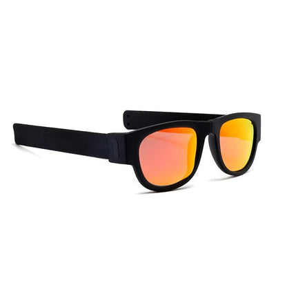 Belro folding slap sunglasses with black frames and dark lenses, showcasing compact design and stylish eyewear accessory.