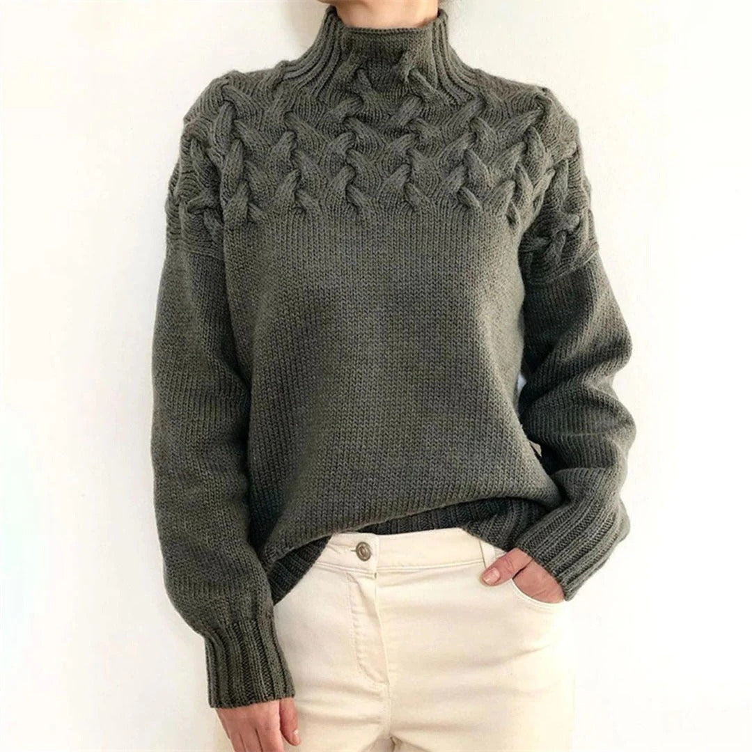 Belro women's knitted turtleneck sweater in cozy gray, featuring ribbed cuffs and a classic fit, perfect for cold weather.