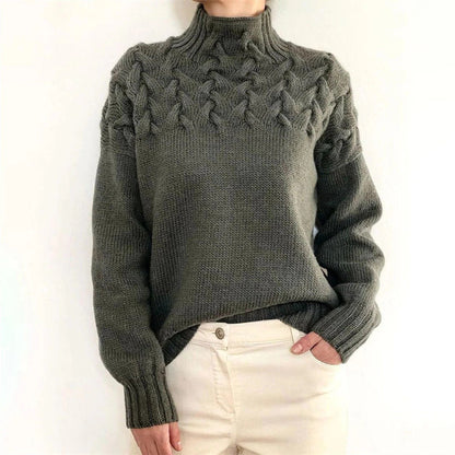 Belro women's knitted turtleneck sweater in cozy gray, featuring ribbed cuffs and a classic fit, perfect for cold weather.