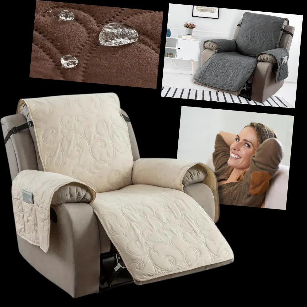 Belro waterproof recliner slipcover in neutral fabric, designed to protect and fit standard home recliner chairs.