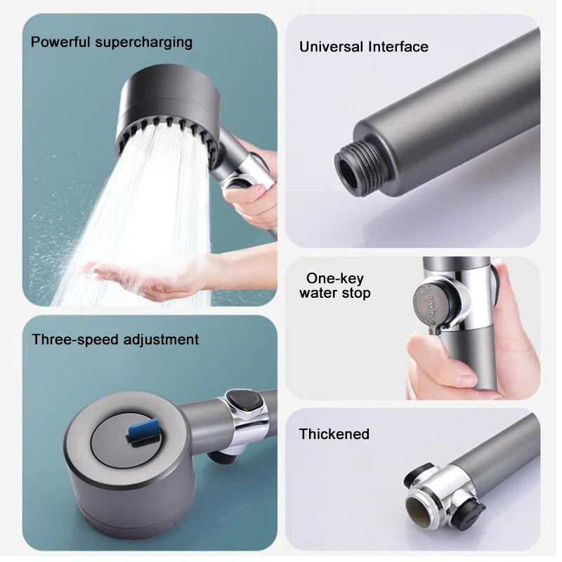 Belro high pressure showerhead mounted on bathroom wall, showcasing shiny chrome finish and adjustable spray settings.
