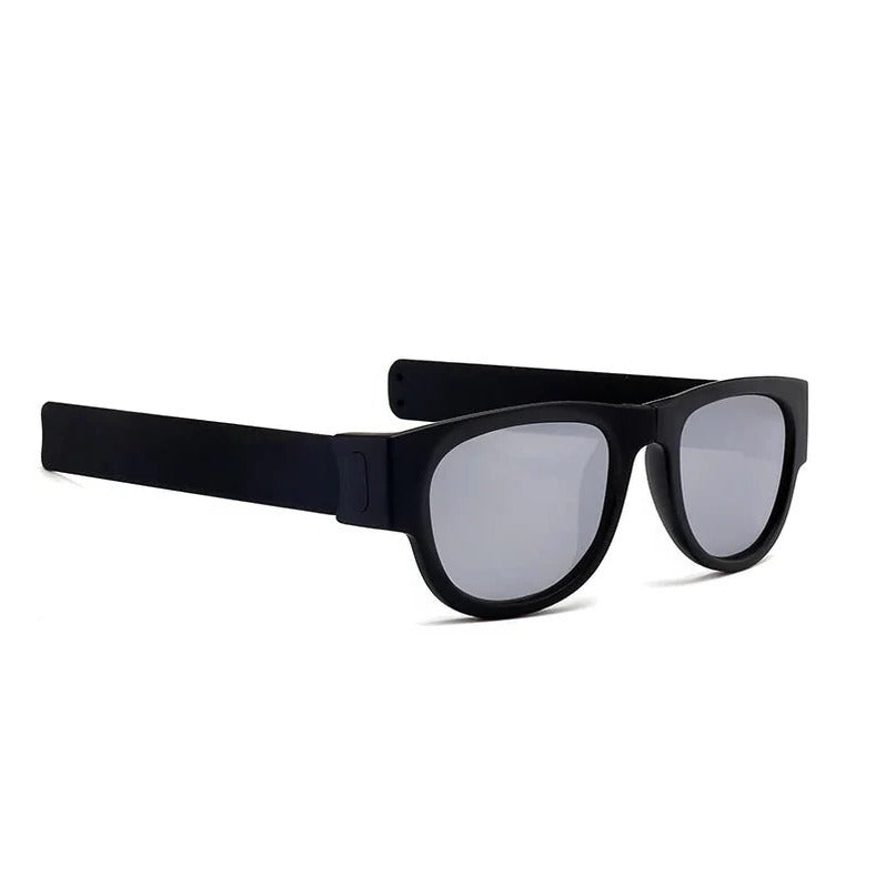 Belro Folding Slap Sunglasses with black frames and dark lenses, compact and portable eyewear accessory.