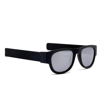 Belro Folding Slap Sunglasses with black frames and dark lenses, compact and portable eyewear accessory.