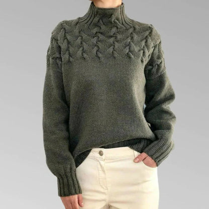 Belro women's knitted turtleneck sweater in cozy beige, featuring a ribbed collar and long sleeves, perfect for chilly weather.