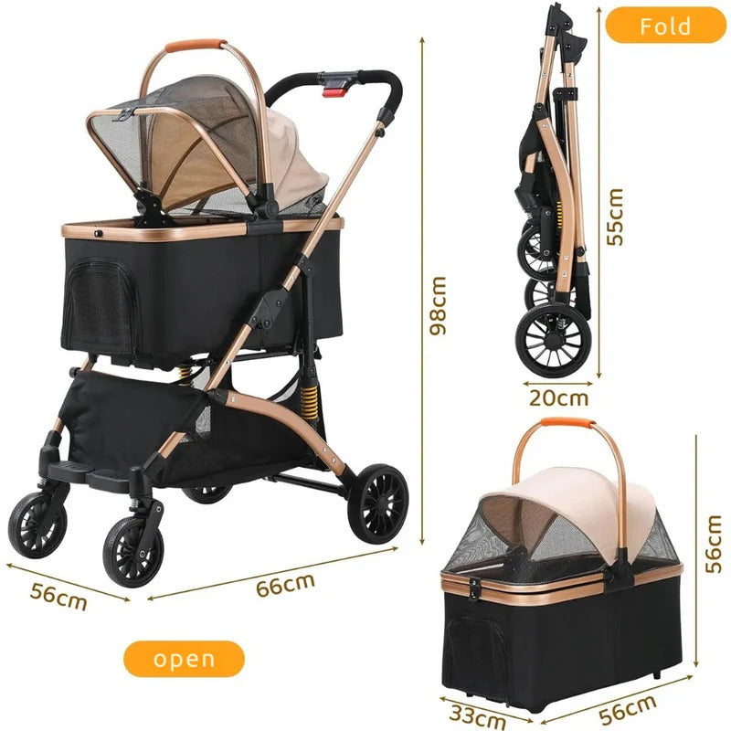 Belro dog stroller and transport box for automotive travel, featuring a sturdy frame and secure enclosure for pets.