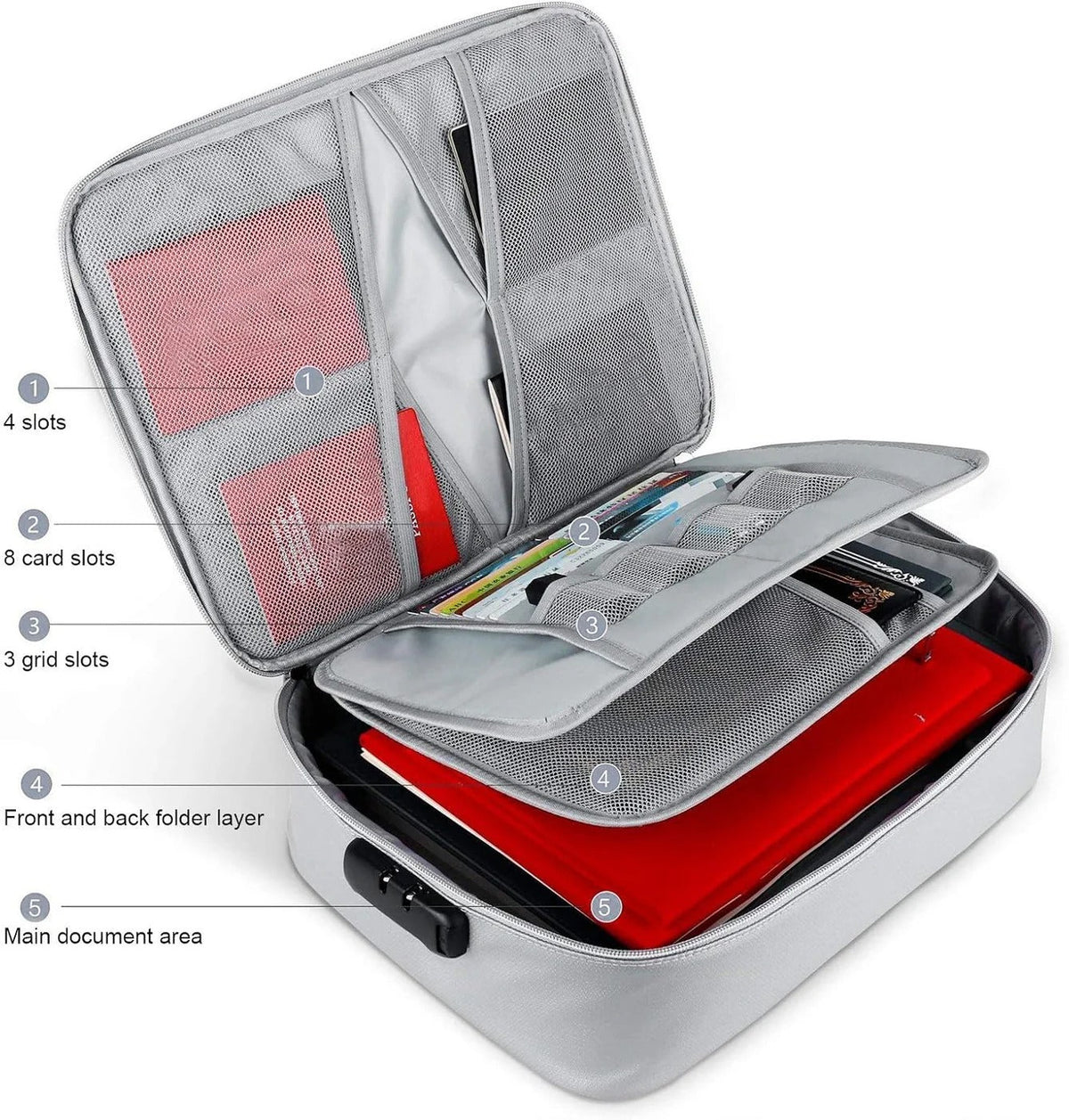Belro multi-layer safety document organizer bag with zipper, suitable for cards, files, and travel storage.