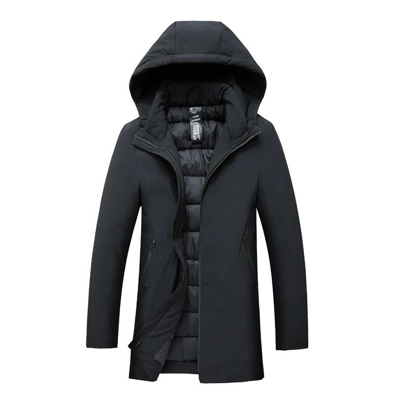 Men's Belro waterproof winter parka with lining, showing a front view of the insulated, hooded jacket designed for cold weather.