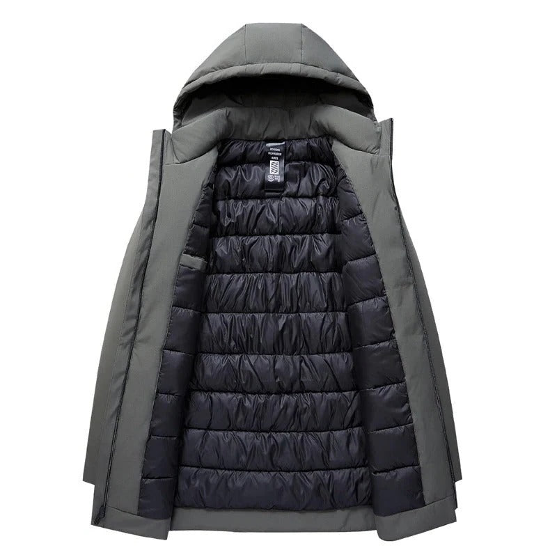 Belro men's waterproof winter parka with a lined interior, featuring a hood and front zipper for cold weather protection.