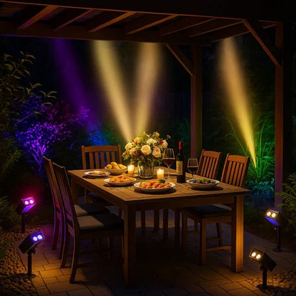 Belro Solar LED Multi-Zoom Spot Light shining outdoors, adjustable zoom lens for garden and outdoor lighting.