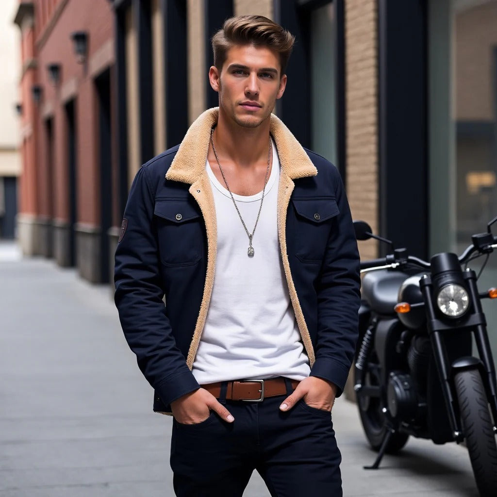 Belro vintage men's bomber jacket with classic design, featuring a zip front and ribbed collar, displayed on a hanger.