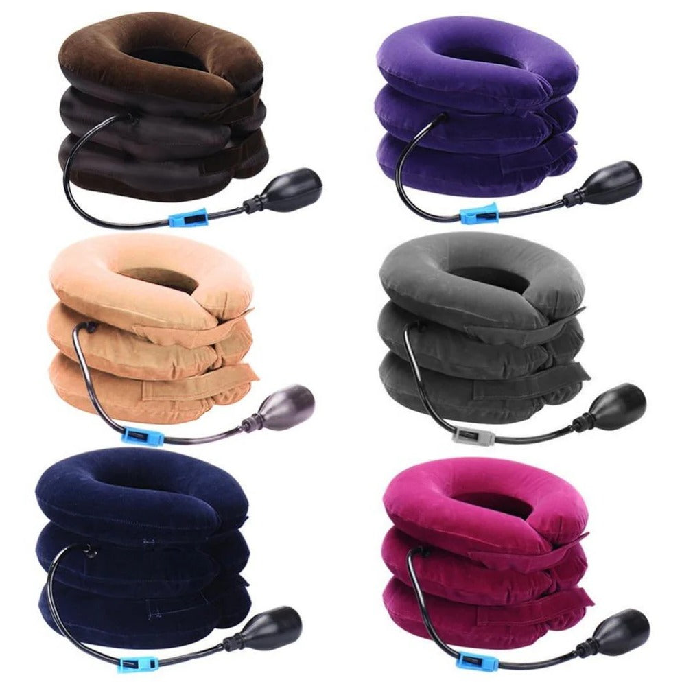 Belro three-layer cervical neck traction inflatable pillow with suspenders for neck support and comfort.