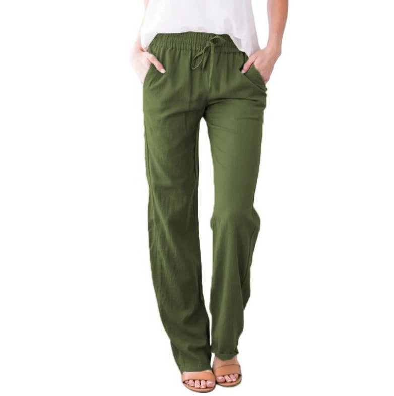 Light blue Belro summer trousers with a relaxed fit and elastic waistband, perfect for casual warm-weather outfits.