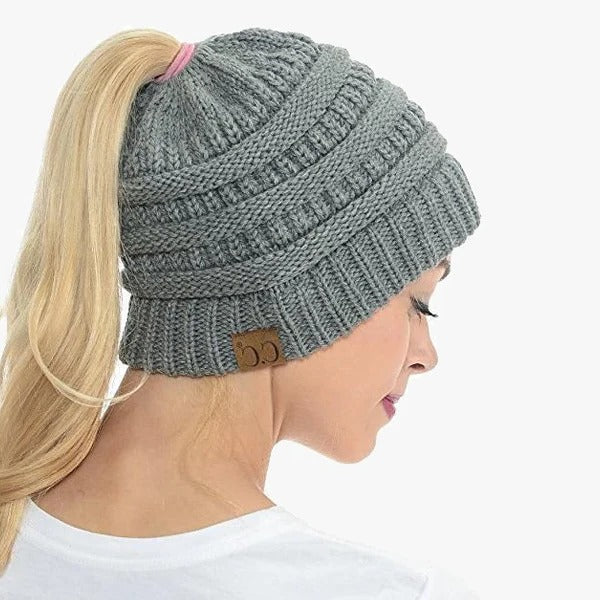 Belro ponytail beanie with messy bun style, solid ribbed knit hat for women, versatile hair accessory for casual wear
