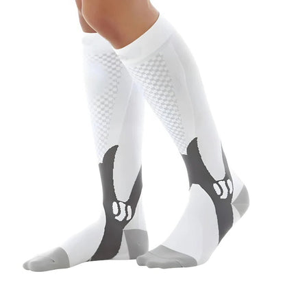 Belro high compression stockings in neutral color, close-up view showing snug fit and textured fabric for improved circulation.