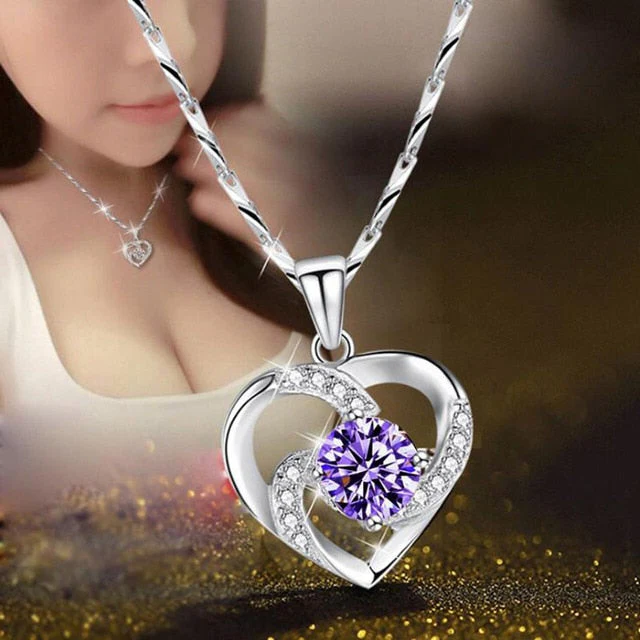 Sterling silver crystal heart necklace with CZ pendant, elegant jewelry accessory by Belro.