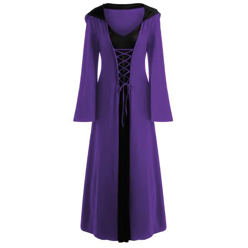 Belro women's medieval vampire witch dress with lace-up hooded cloak, featuring dark fabric and intricate design details.