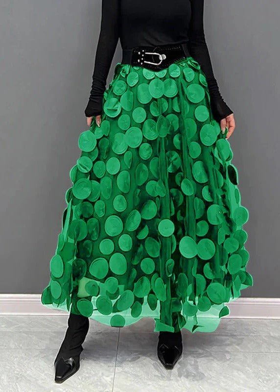 Belro chic polka dot and tulle patchwork skirt, stylish clothing with layered tulle and dotted fabric details.