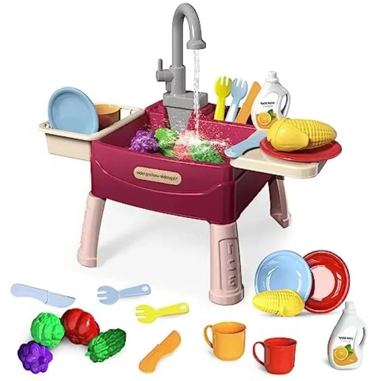 Children’s play kitchen with flowing water feature, colorful plastic design and realistic appliances for imaginative cooking play.