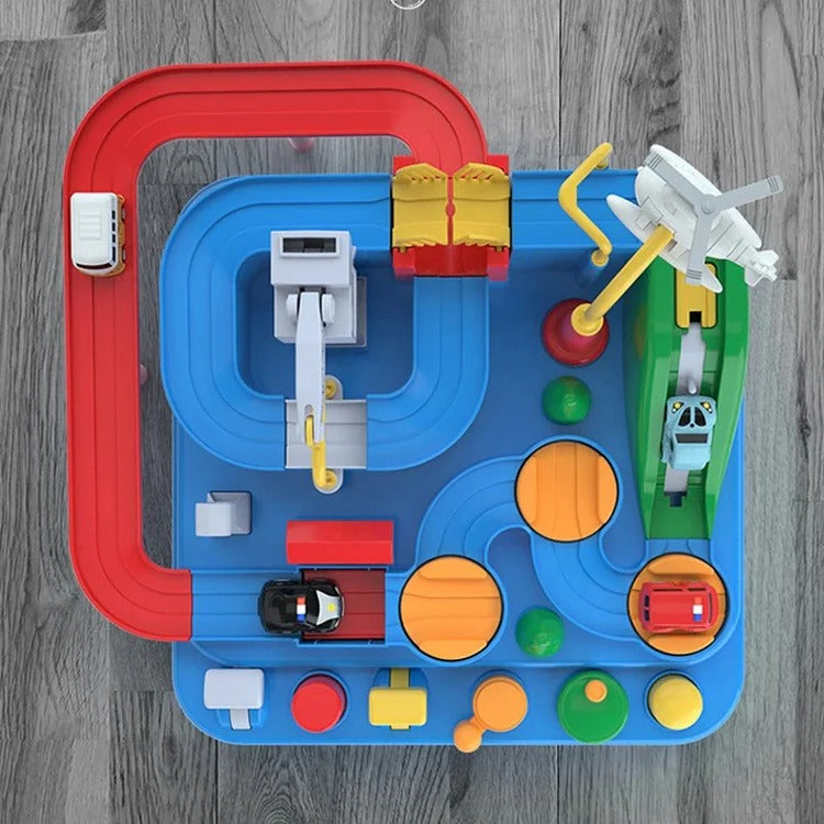Children’s mechanical vehicle track game by Belro featuring colorful toy cars and a winding track for imaginative play.