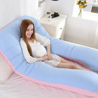 Belro full support body pillow for pregnancy, ergonomic design for back and shoulder pain relief, shown in a cozy bedroom setting.