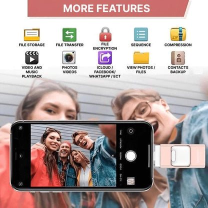 Belro USB flash drive compatible with iPhone and Android devices, shown connected to a smartphone in a modern electronics setting.